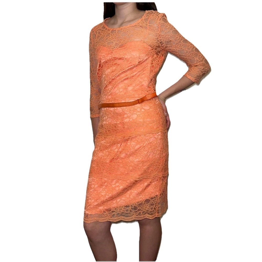 Tahari Arthur S Levine Coral Tangerine Lace Layered Belted Prom Cocktail Size 6